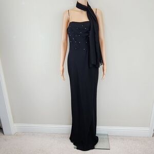 Thea Dora black spaghetti straps formal dress with scarf